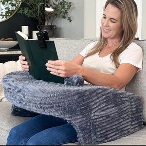LapDesk Pillow, Reading Pillow 3 in 1 Reading Light, Laptop Arm Rest Grey Plush